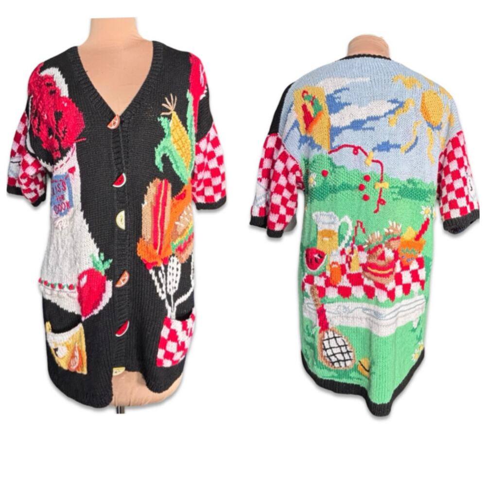 Vintage Picnic Theme Novelty Knit‎ Cardigan Sweater Watermelon Buttons Whimsical